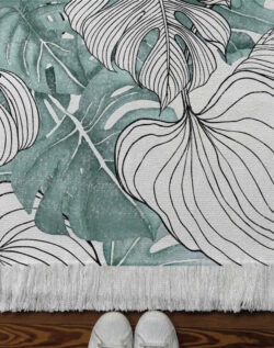 Alfombra tejida diseño botánico, hojas tipo monstera pintadas en acuarela y vectoriales blanco y negro.