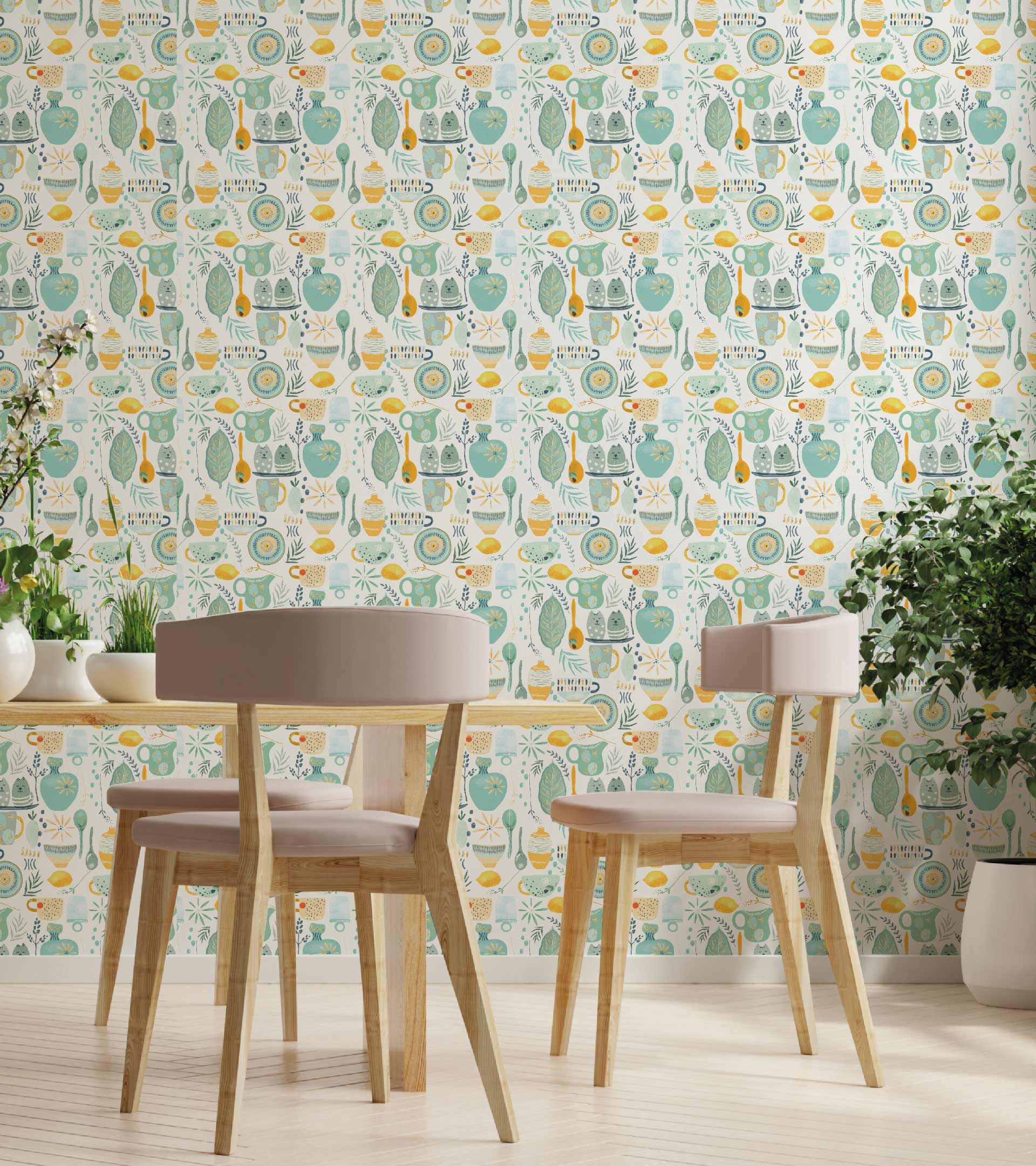 Empapelado colocado de diseño acuarela utensilios de cocina, flores y hojas en tonalidades aqua y amarillo.